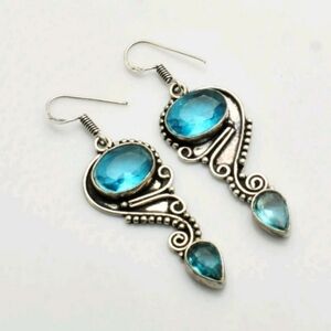 Blue Topaz Gemstone 925 Sterling Silver Drop Dangle Handmade Earrings